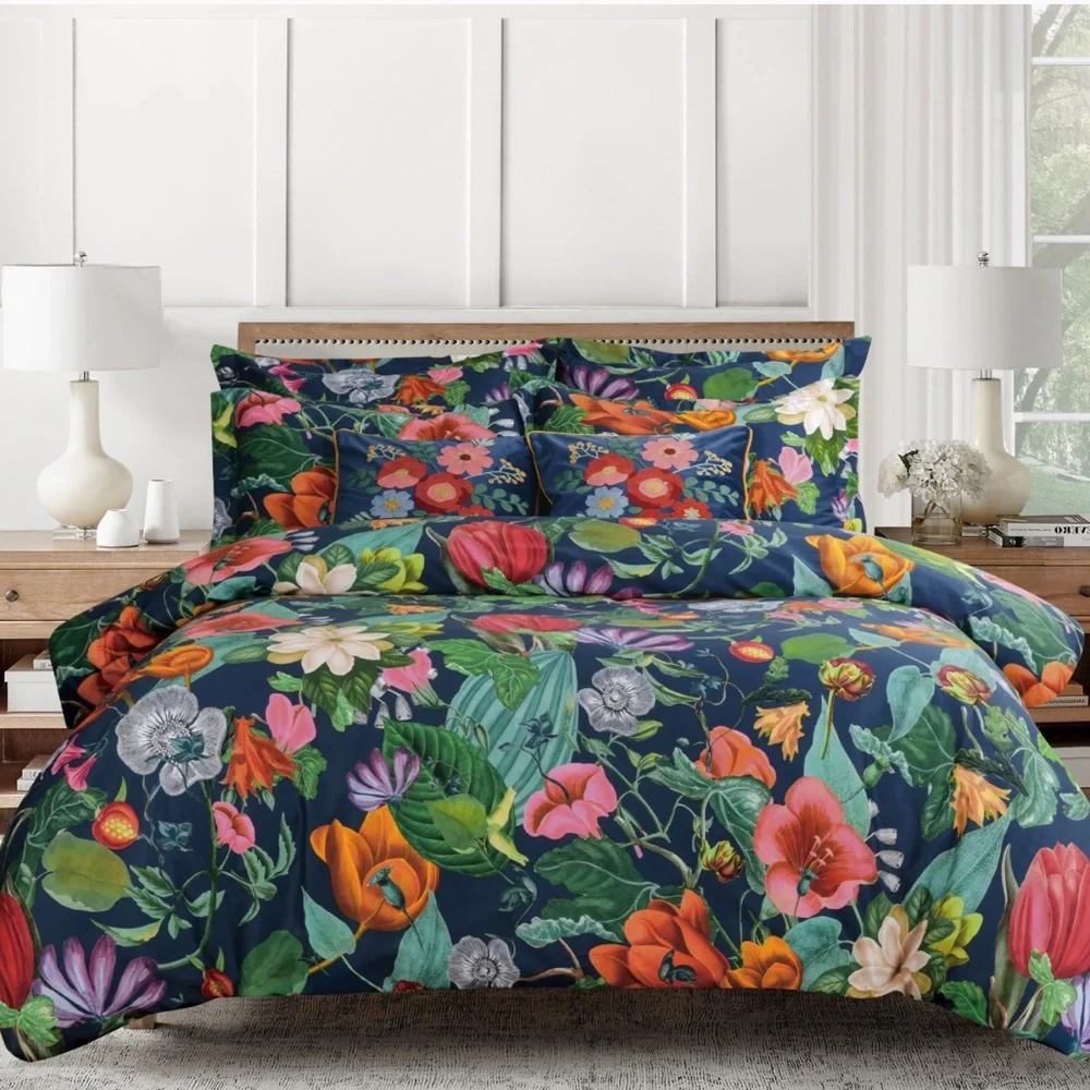 🆕 PB Style Floral Print King Duvet Sateen Cotton 3 Piece Set Navy Blue Pink NWT